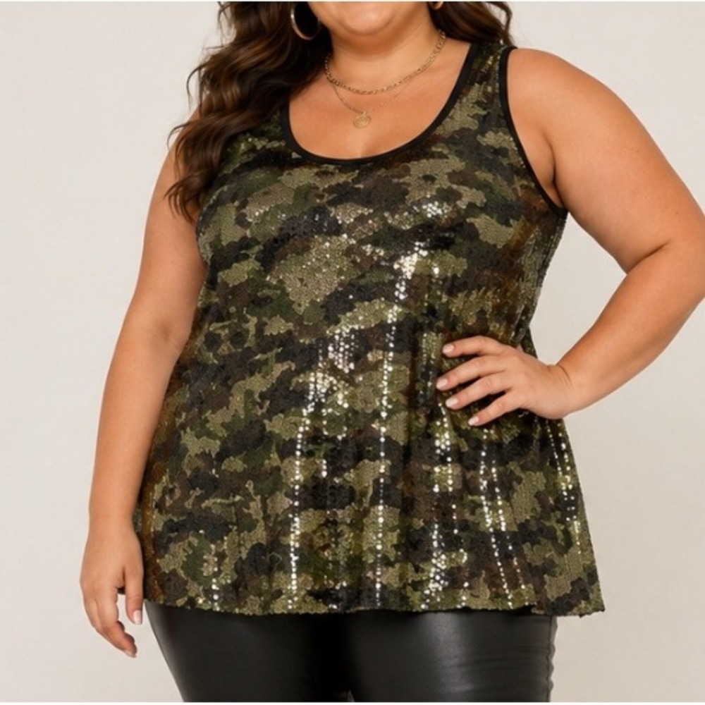 Lane Bryant Camo Sequin Tank Top Plus‎ Size 22/24W Green Baddie Glam Statement